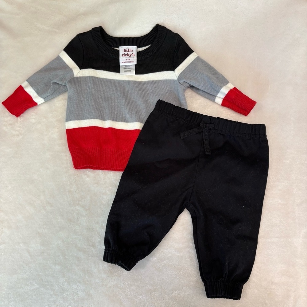 Little Ricky sweater and matching pants 0-3 month baby boy red black and grey